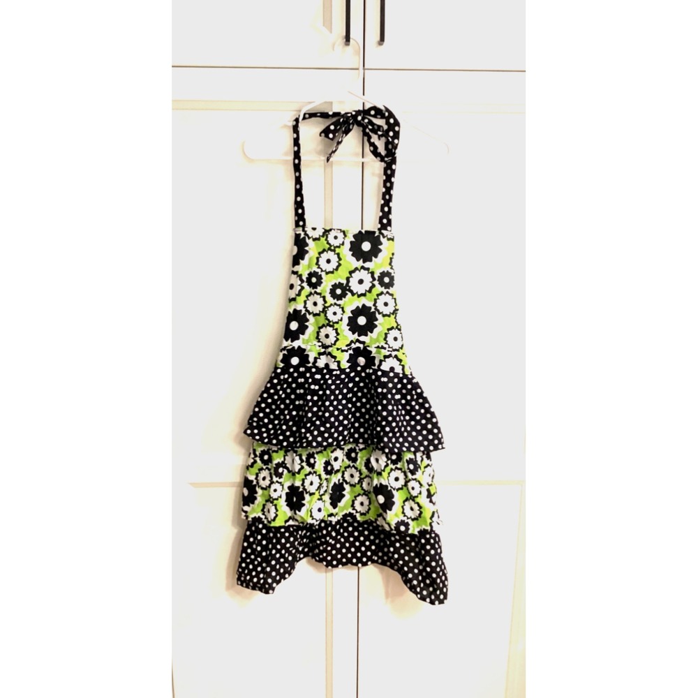 Gourmet Club Polka Dot Ruffled Baking Cooking Apron Black/White/Green NWOT